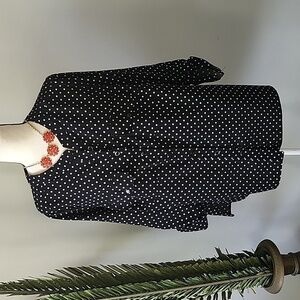Notations Black and White Polka Dot Blouse with Straight Collar and Long Sleeves